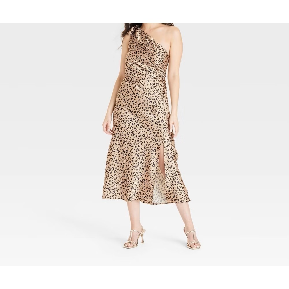Women's One Shoulder Midi Dress - A New Day Leopard Print Size M Newโ With Tags